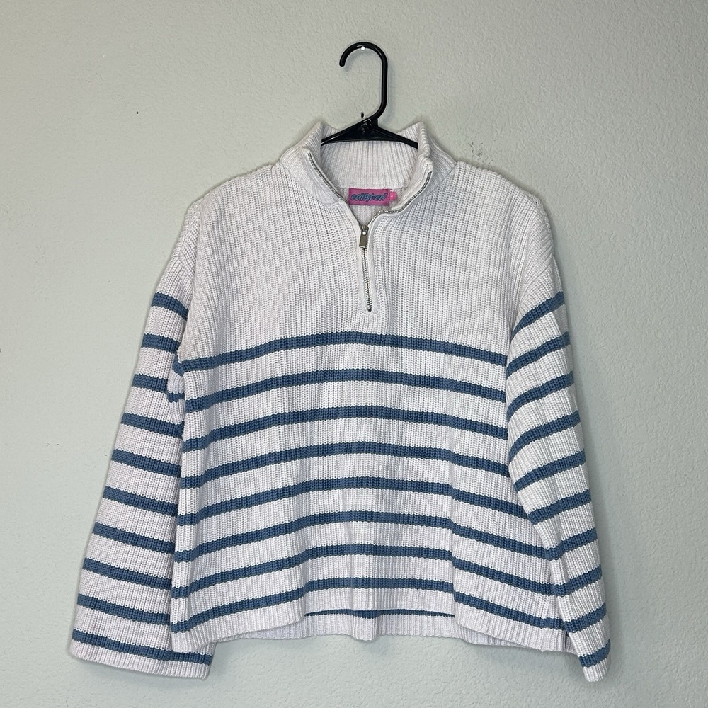 Edikted Oversized Quarter Zip Cropped Blue And White Stripe Sweater Women Size S
